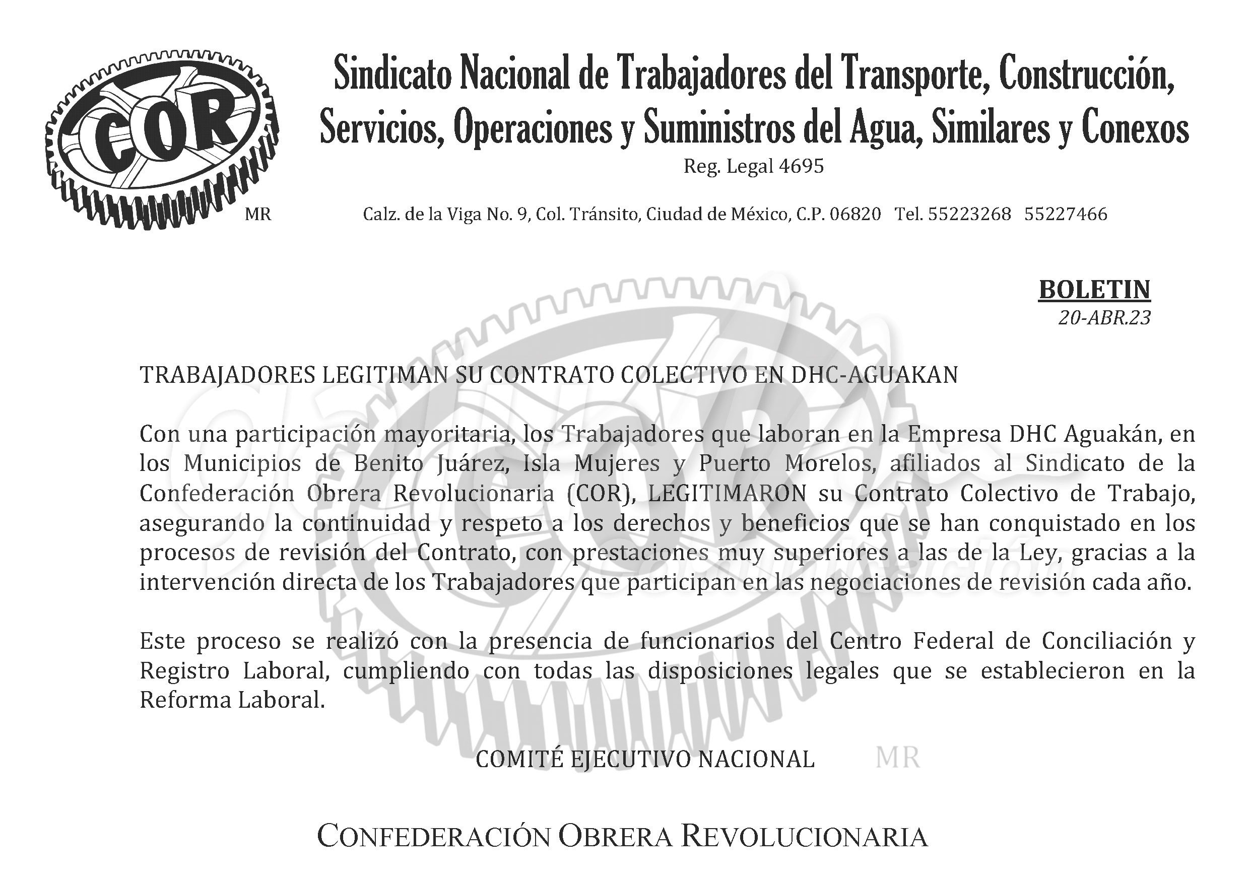 TRABAJADORES LEGITIMAN SU CONTRATO COLECTIVO EN DHC-AGUAKAN
