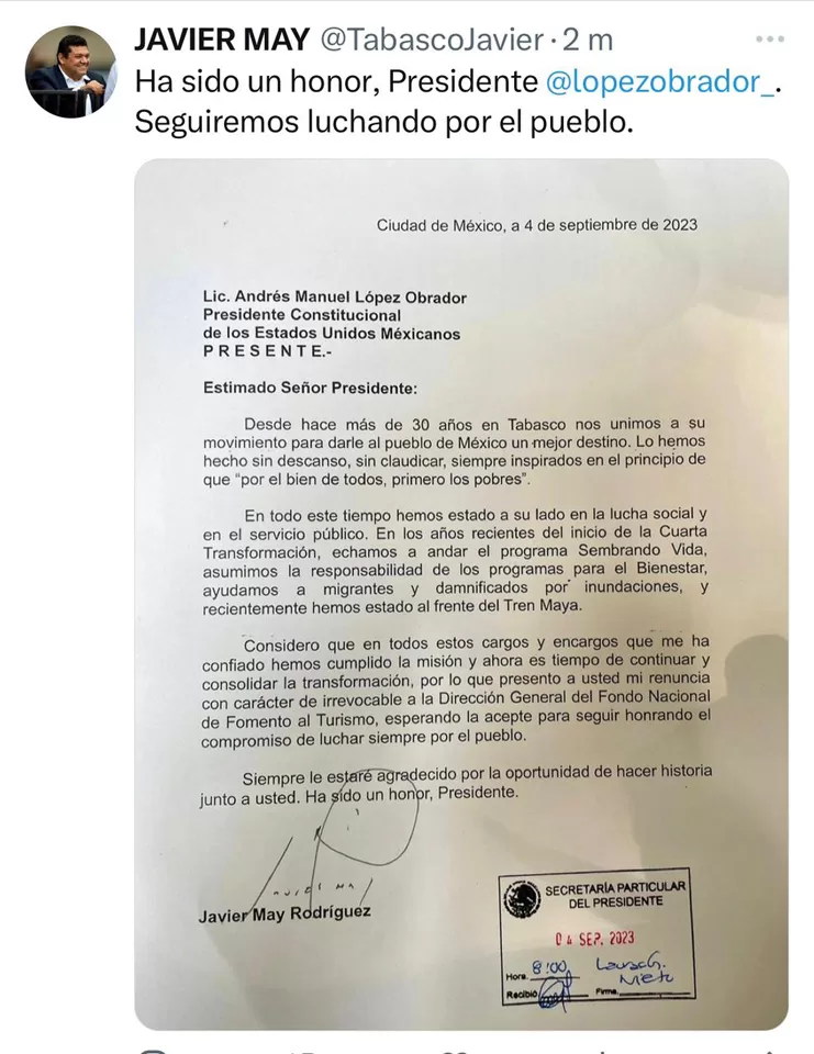 Javier May deja Fonatur; iría por la gubernatura de Tabasco