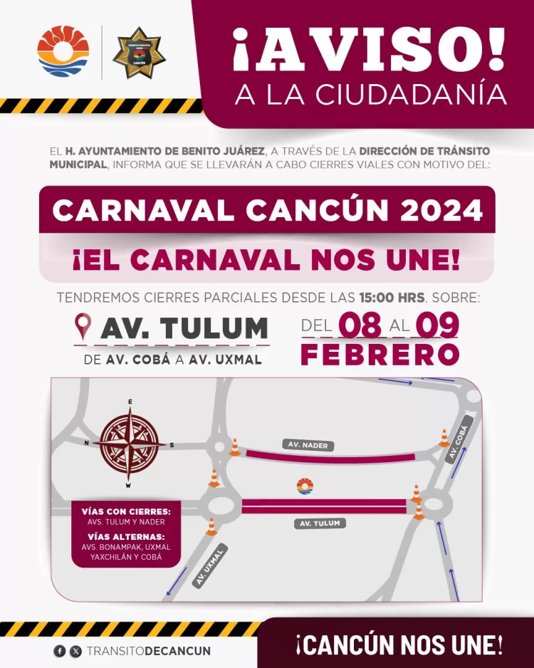 Llamado a tomar previsiones por el cierre de calles debido al Carnaval de Cancún