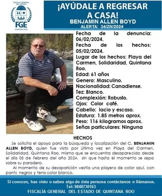 Activan en Quintana Roo alerta de búsqueda de sexagenario canadiense