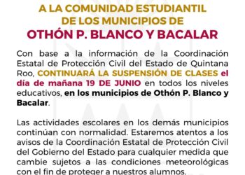 Se mantiene la suspensión en todos los niveles educativos de Othón P. Blanco y Bacalar
