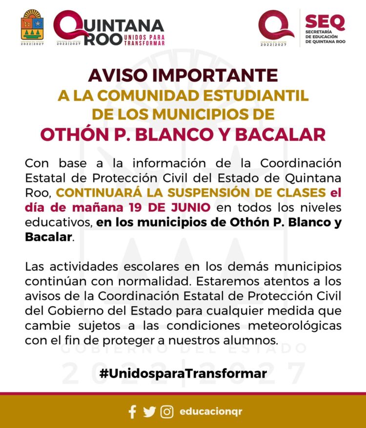 Se mantiene la suspensión en todos los niveles educativos de Othón P. Blanco y Bacalar