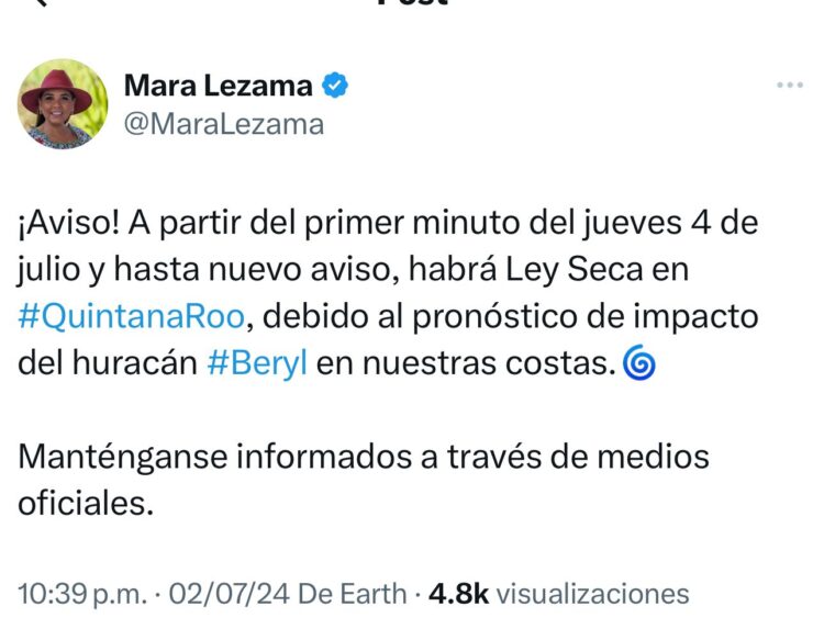 Implementan Ley Seca en Quintana Roo Ante Inminente Impacto del Huracán Beryl