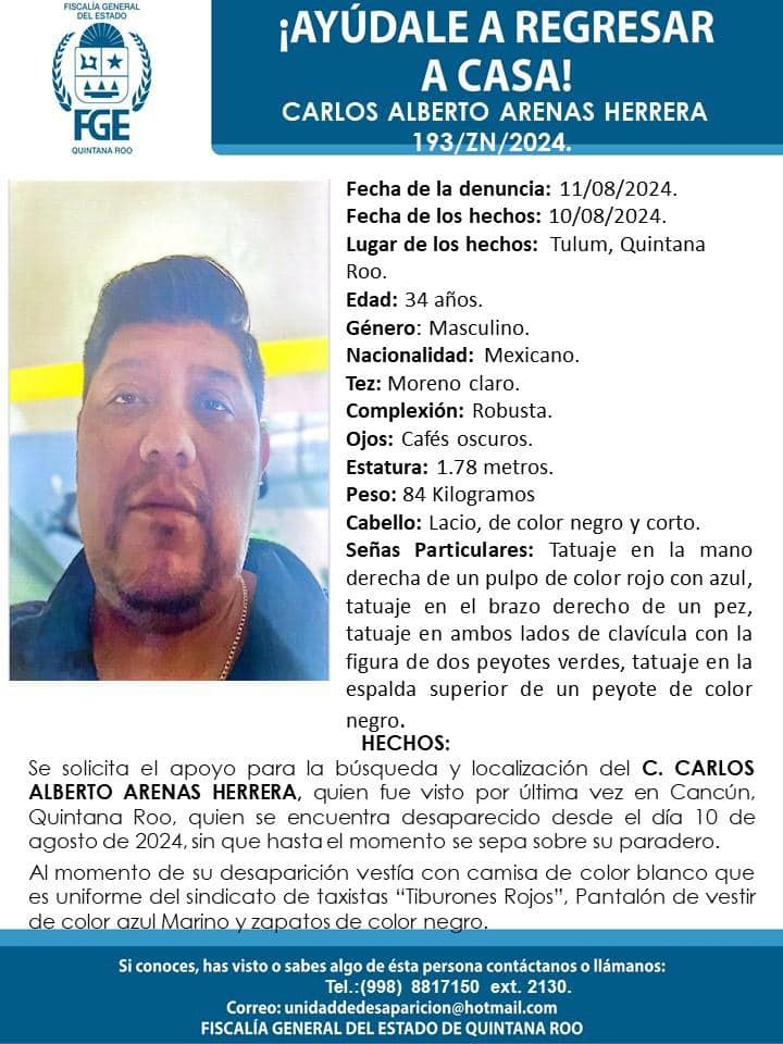 Activan ficha de búsqueda para taxista del sindicato Tiburones del Caribe desaparecido en Cancún