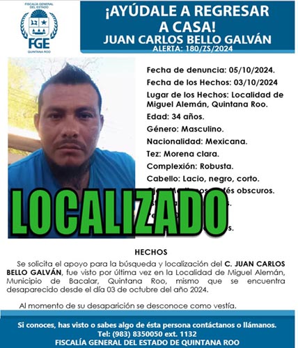 Localizan con vida a tercer desaparecido en Bacalar