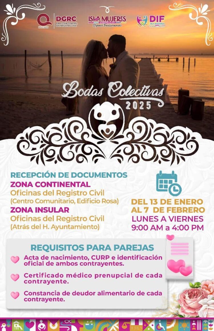 Invitan a participar en las Bodas Colectivas 2025 en Isla Mujeres