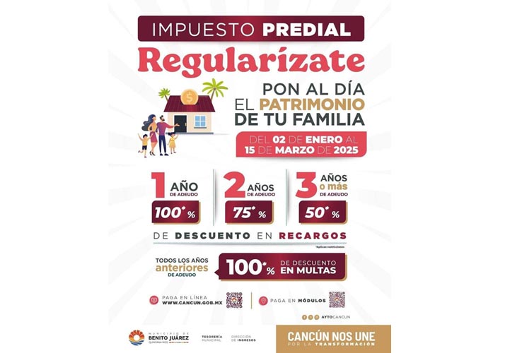 Ayuntamiento de Benito Juárez recuerda vencimiento de descuentos en el pago del predial