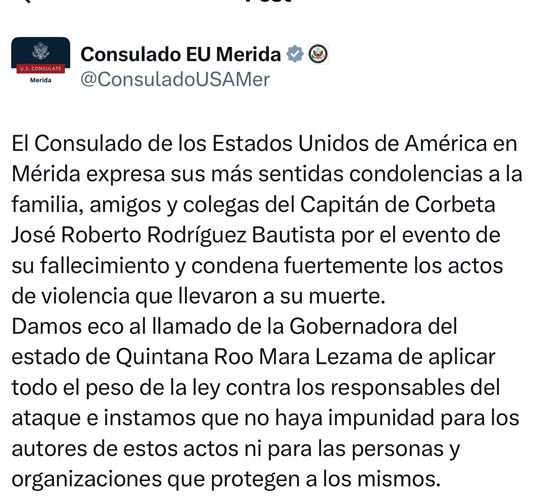 Condena consulado de EE. UU. el asesinato del jefe de policía de Tulum y respalda a la gobernadora Mara Lezama