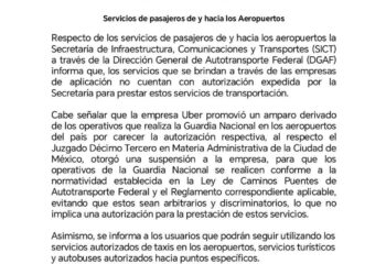 Uber no tiene permiso para operar en aeropuertos, reitera la SICT