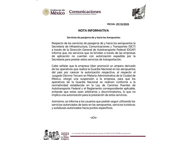 Uber no tiene permiso para operar en aeropuertos, reitera la SICT