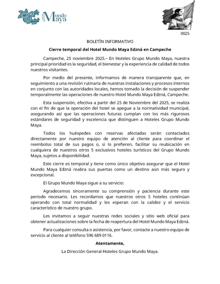 Hotel Mundo Maya Edzná suspende operaciones por revisión interna
