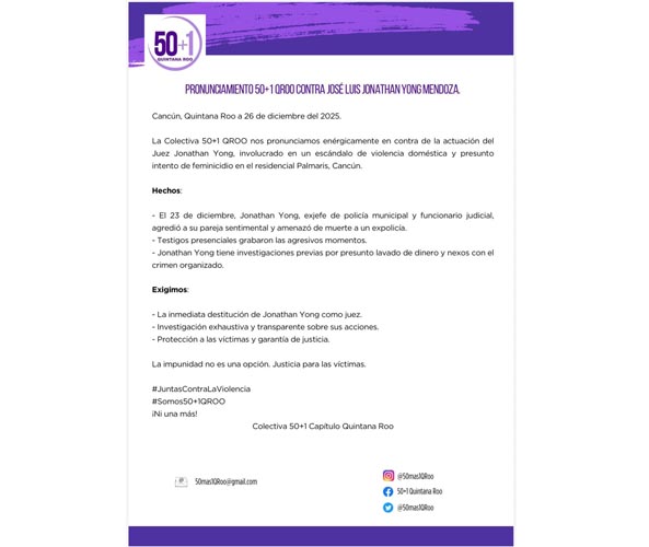 Exigen salida de juez tras presunto caso de violencia en Cancún