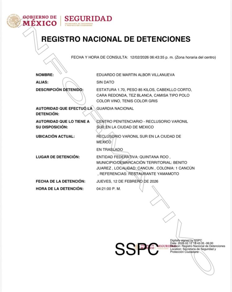 Registro Nacional de Detenciones emite ficha de captura del empresario cancunense Eduardo Albor