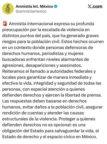 Amnistía Internacional alerta por escalada de violencia en México