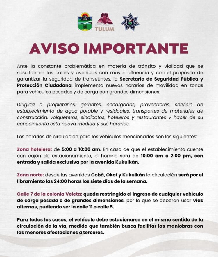 Tulum ordena circulación de transporte pesado con nuevos horarios