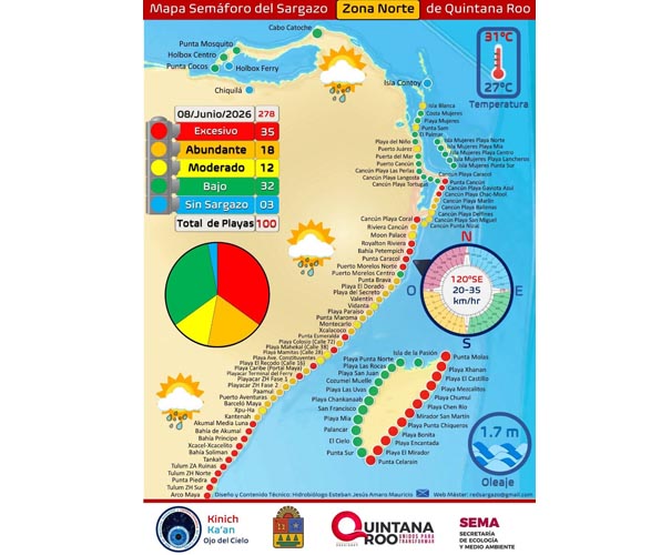 Sargazo golpea costas de Quintana Roo; 35 playas reportan niveles excesivos