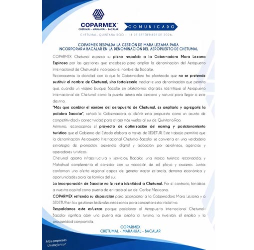 COPARMEX apoya gestión para posicionar al Aeropuerto Chetumal-Bacalar